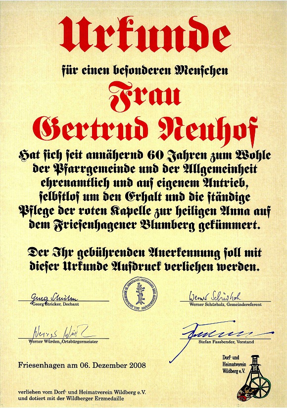 Urkunde Gertrud Neuhof 2008 Urkunde Gertrud Neuhof 2008